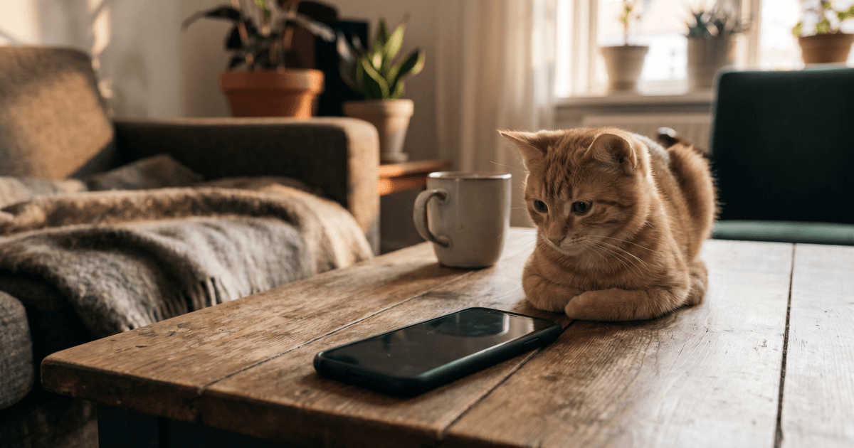 A smartphone resting face-down on a wooden table with a small cat sitting nearby, in a calm, private domestic setting.