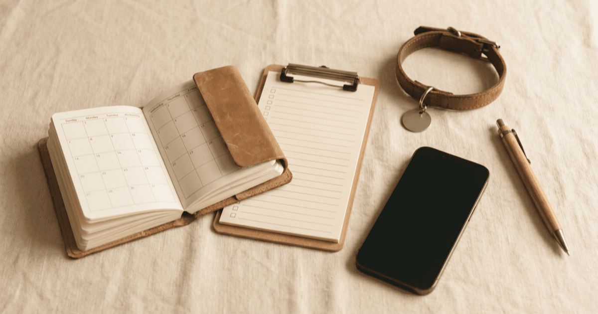 A flat-lay on warm cream linen of a small monthly paper planner, a blank checklist on lined paper, a smartphone, and a small pet collar with a blank tag in soft natural light.