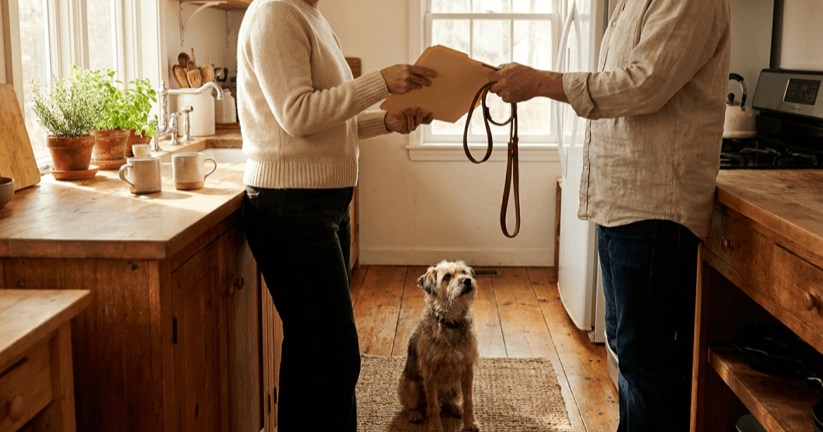 Two adults standing at a warm sunlit kitchen counter, one handing over a small folder and a leash, with a calm small dog watching nearby.