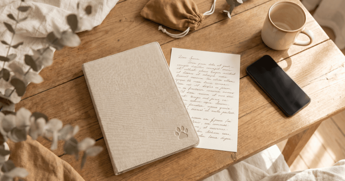 A flat-lay on a warm wooden surface of a small folder labeled with a paw mark, a vaccine record sheet, a smartphone showing a calm records screen, and a ceramic mug in soft natural light.