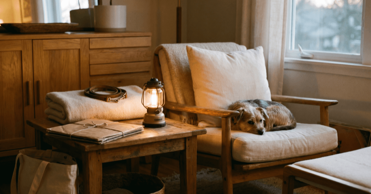 A warm living room at dusk with a small battery-powered lantern softly glowing, a folded blanket, a coiled leash, a folded paper packet of records, a small canvas tote, and a calm small dog resting nearby.