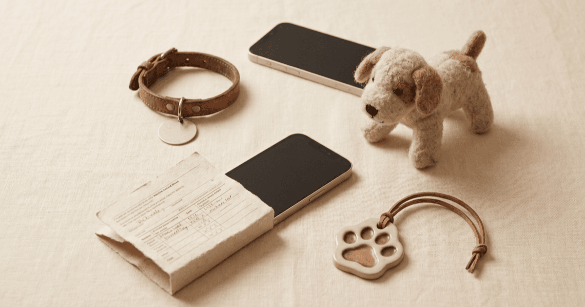 A flat-lay on warm cream linen of a small puppy collar with a blank metal tag, a folded vaccine record sheet, a smartphone, and a stuffed toy.