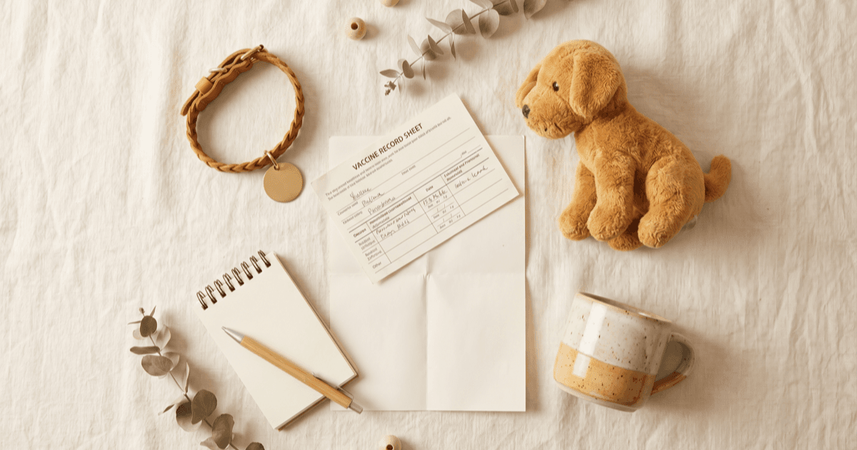 A flat-lay on warm cream linen of a small puppy collar with a blank metal tag, a folded vaccine record sheet, a small soft toy, a paper notepad, and a small ceramic mug.