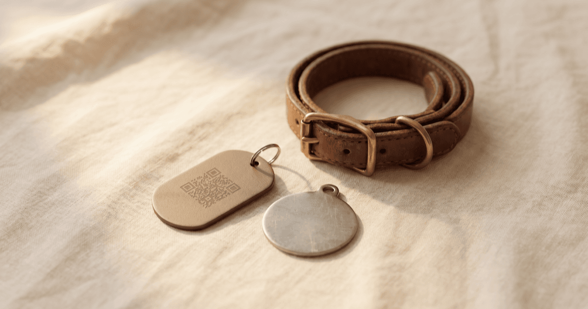 A leather pet collar with a small smart QR-style tag and a classic engraved metal tag resting together on warm cream linen in soft natural light.
