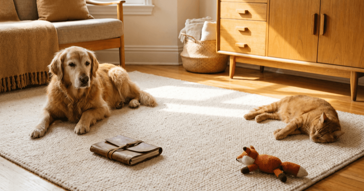 A calm older medium-sized dog and a calm cat resting on opposite sides of a soft cream rug in a sunlit room.