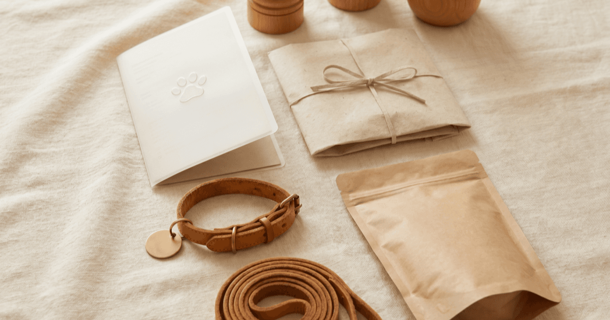 A flat-lay on warm cream linen of a folded laminated info card with a small paw mark, a folded paper packet of pet records, a small leather pet collar with a blank tag, a coiled leash, and a sealed pouch of pet food.