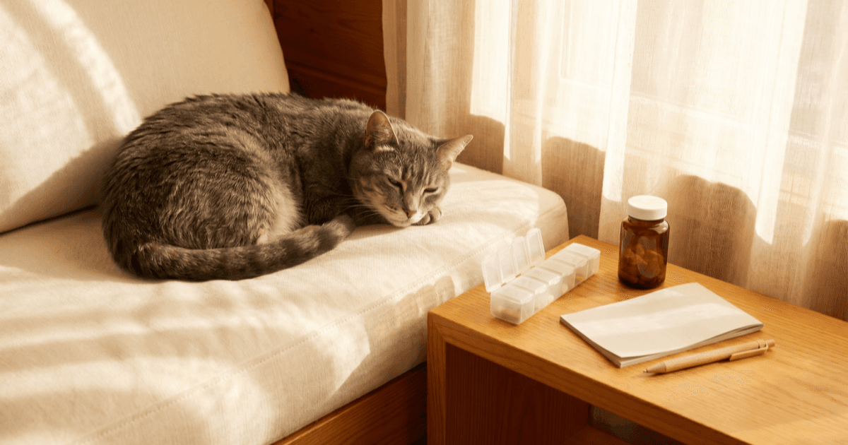 A calm older gray-muzzled tabby cat resting on a soft cream cushion in a warmly lit sunlit corner with a small pill organizer, a small medication bottle, a folded notepad, and a pen on a low wooden side table.
