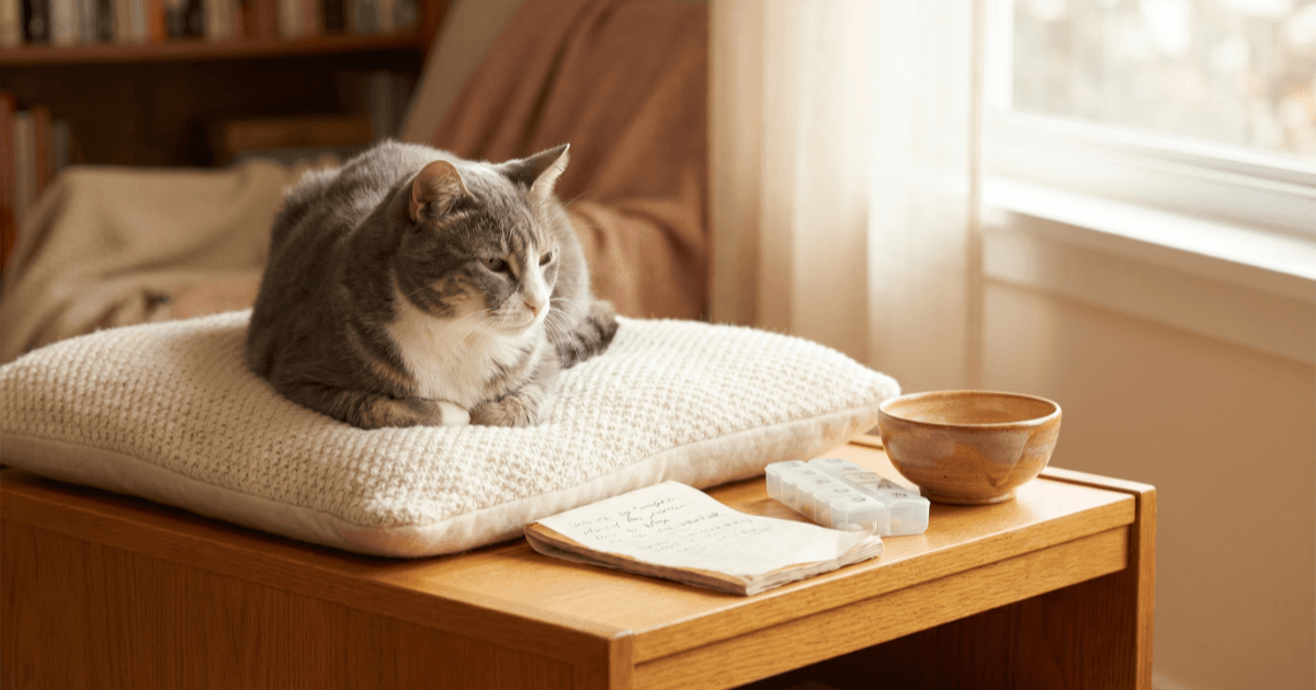 A calm older gray-and-white tabby cat resting on a soft cream cushion in a warmly lit corner, with a folded paper notepad, a small unlabeled pill organizer, and a small ceramic dish nearby.
