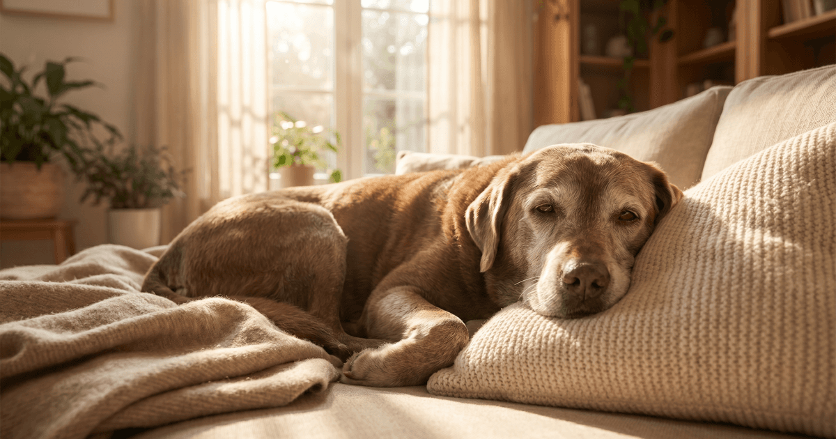 A senior gray-muzzled brown dog resting peacefully on a soft cream couch in a warm sunlit living room.