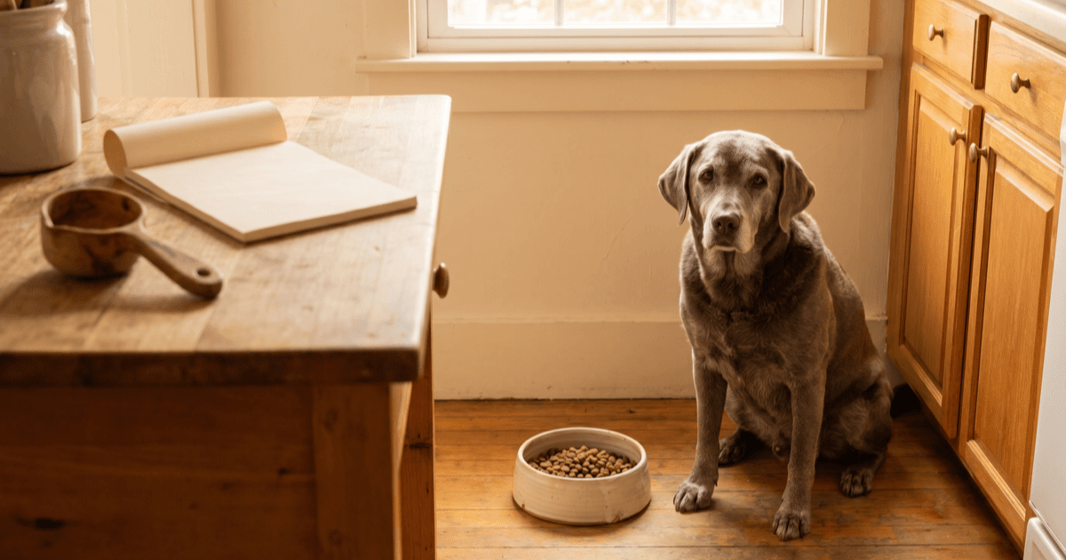 A calm senior gray-muzzled medium-sized dog sitting beside a ceramic food bowl in a warmly lit kitchen, a folded paper notepad and a small wooden measuring scoop on the counter nearby.