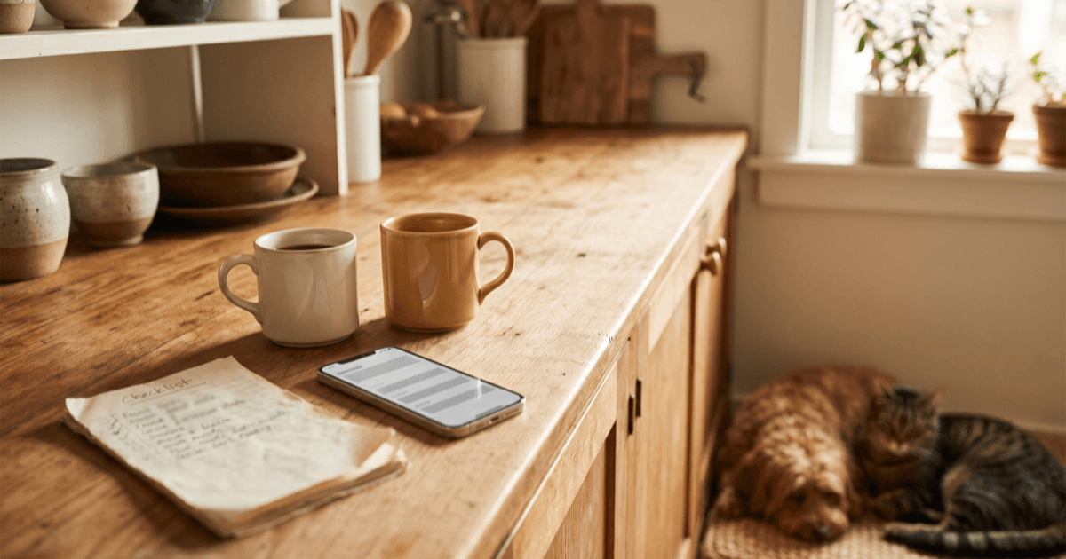 A warm sunlit kitchen counter scene with two coffee mugs, a folded paper checklist, a smartphone with a shared-account screen, and a small dog and tabby cat resting nearby.