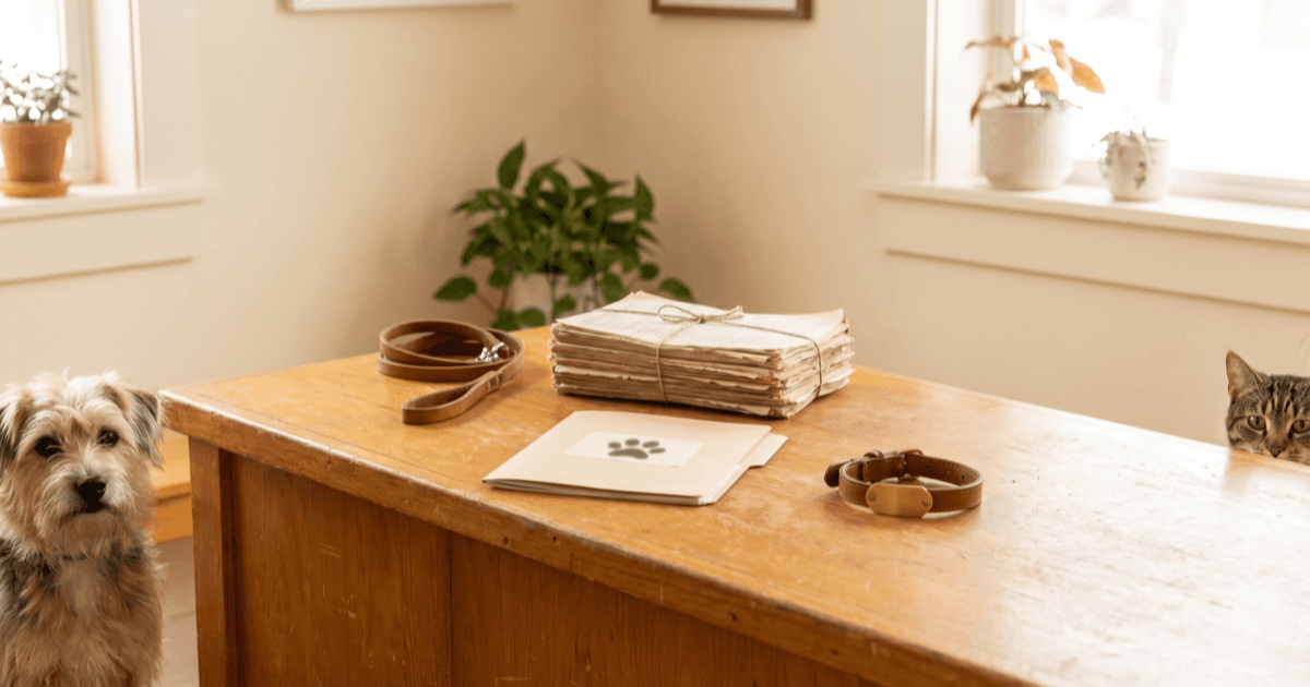 A warm shelter intake counter with a small folder labeled with a paw mark, a folded paper packet of records, a coiled leash, a small leather pet collar with a blank tag, and a calm small dog and tabby cat both visible at the edges of the frame.