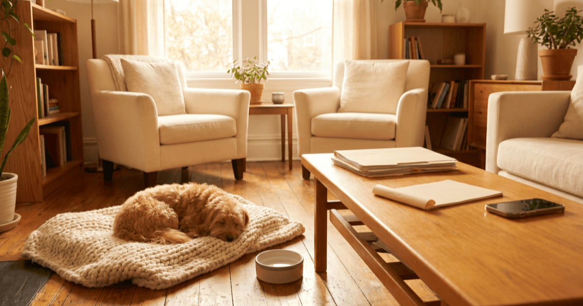 A warm sunlit living room scene with a calm small dog or cat resting on a soft cream blanket, a small folder of paperwork on a low wooden table, a folded paper notepad, a smartphone, and a small water bowl.
