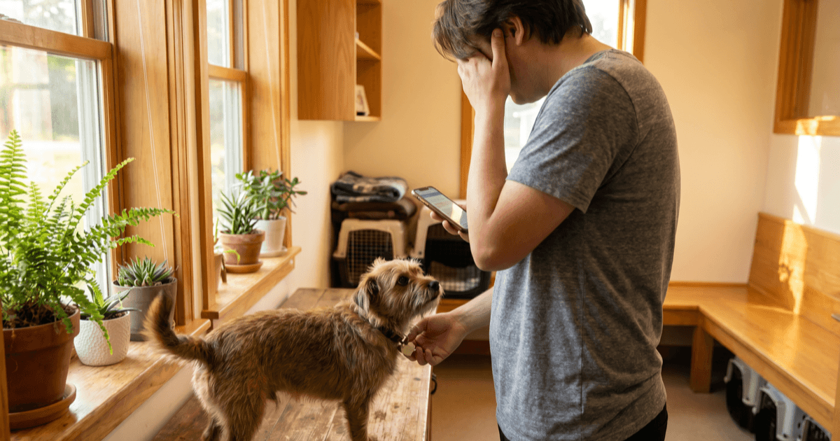 A warm, calm shelter intake counter with a person in a volunteer t-shirt gently checking a small dog's collar tag with a smartphone in soft natural light.