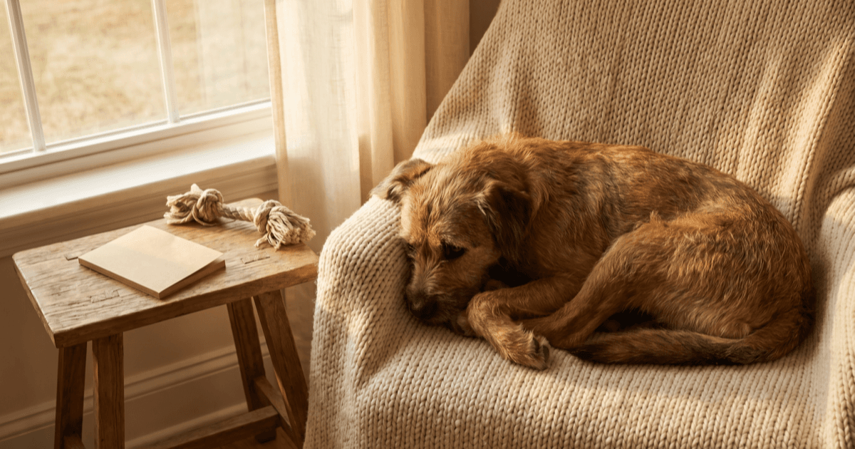 A calm shy medium-sized brown dog resting on a soft cream blanket in a quiet sunlit corner of a living room, body posture turned slightly inward but relaxed, with a folded paper notepad and a small chew toy nearby on a low wooden table.