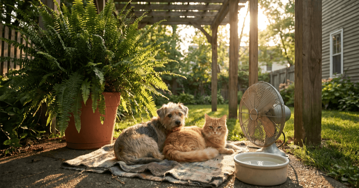 A small dog and a calm cat resting in a shaded patch of a sunny backyard with a fresh water bowl, a fan, and a leafy plant casting soft shade.