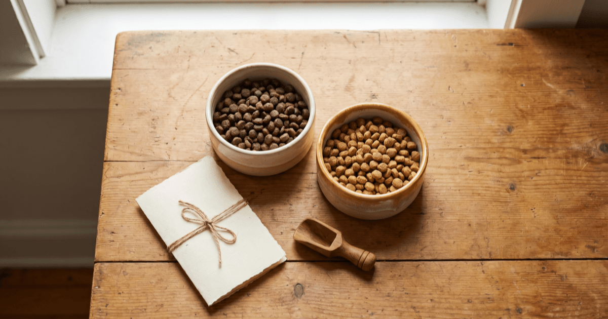 A flat-lay on a warm wooden surface of two small ceramic pet food bowls side by side, each holding a different colored kibble, with a small wooden scoop.