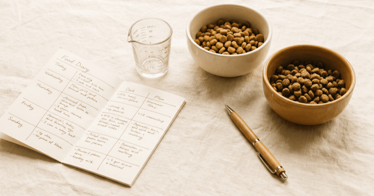 A flat-lay on warm cream linen of a folded paper food diary with handwritten notes, a small clear measuring cup, two small ceramic bowls of plain unlabeled kibble of slightly different colors, and a pen.