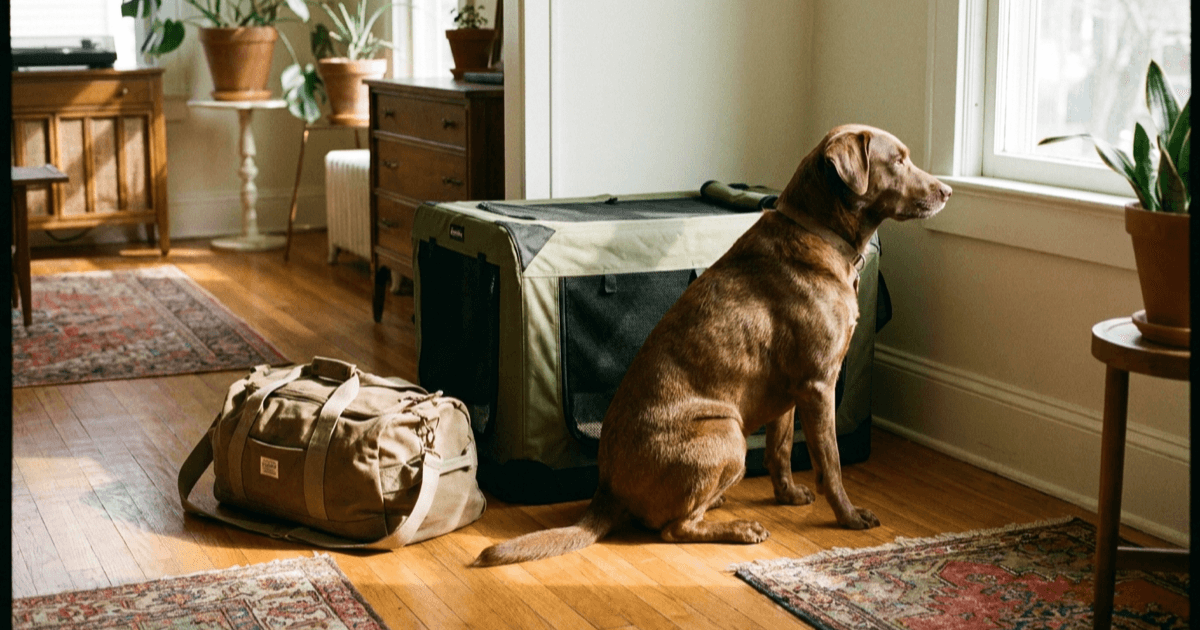 A small pet carrier and a folded paper packet on a warmly lit hardwood floor with a leash and a stuffed toy beside it.