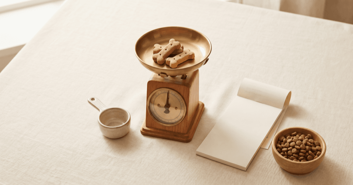 A flat-lay on warm cream linen of a small kitchen scale with neatly placed pet training treats, a small ceramic measuring scoop, a folded paper notepad, and a small wooden bowl of dry kibble.