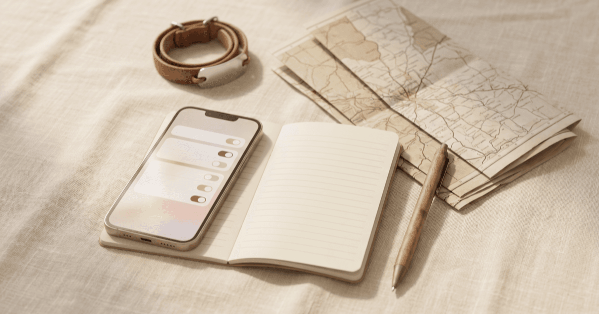 A flat-lay on a warm cream linen of a smartphone showing a calm settings screen beside a small open notebook, a pen, and a folded paper map in soft natural light.