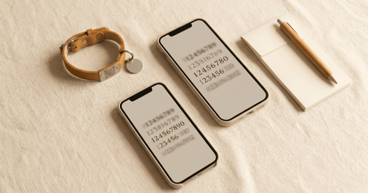A flat-lay on warm cream linen of two smartphones side by side with calm minimal screens (one old number, one new number), a small leather pet collar with a blank QR-style tag, and a pen.