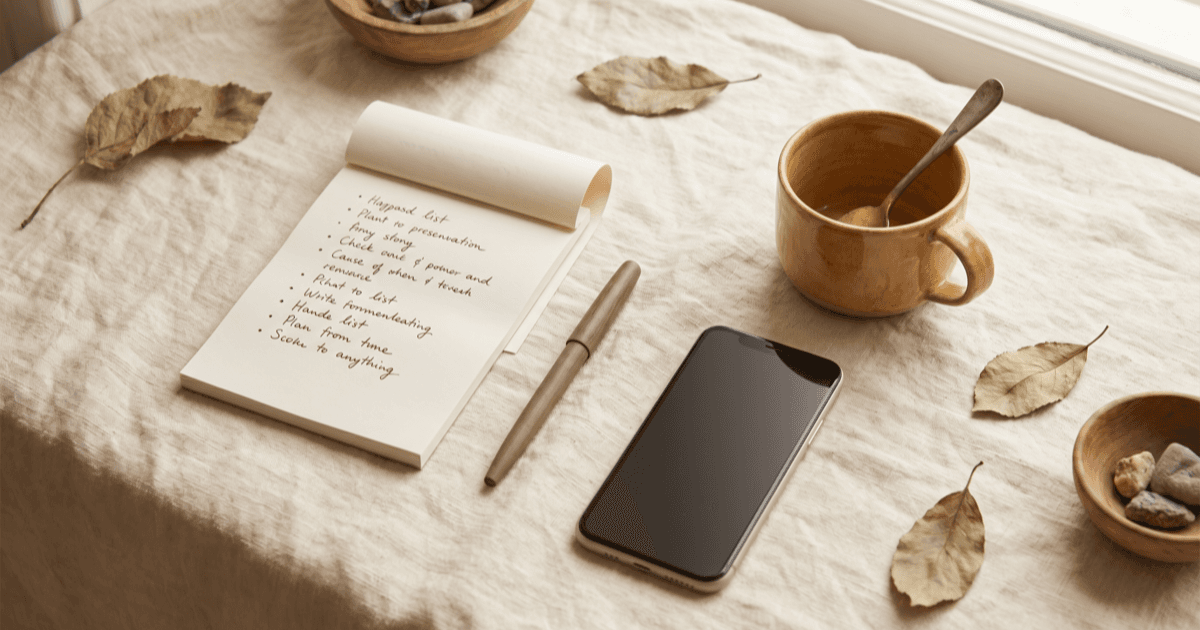 A flat-lay on warm cream linen of a folded paper notepad with a handwritten bulleted question list, a smartphone, a pen, and a small ceramic mug.