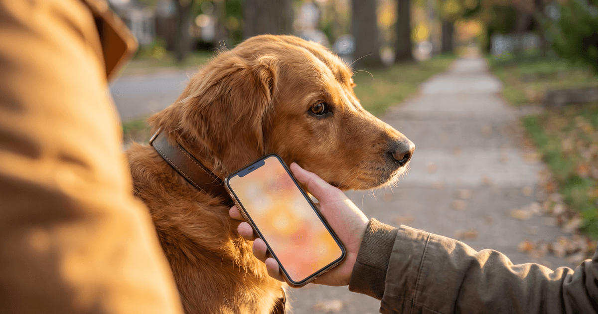 A close-up of a hand holding a smartphone near a friendly dog's collar tag, in warm late-afternoon light.
