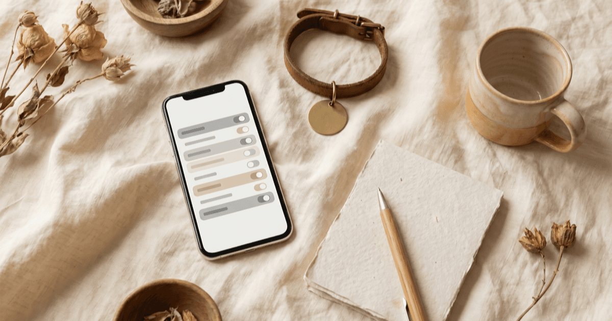 A flat-lay on warm cream linen of a smartphone showing a calm minimal privacy settings screen with abstract toggle rows, a small leather collar with a blank tag, a folded paper notepad, and a small ceramic mug.