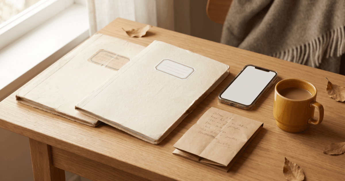 A warm desk scene with two small folders side by side suggesting old-vet and new-vet records, a folded paper notepad with a small handwritten timeline, a smartphone, and a small ceramic mug.