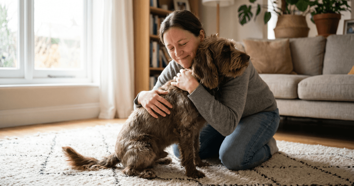 A pet owner kneeling on a rug at home, gently embracing a calm brown dog in a warm, relieved reunion moment.