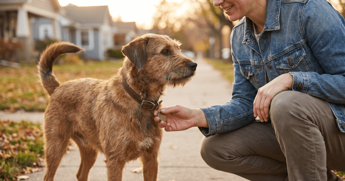 A person kneeling on a quiet residential sidewalk, gently checking the small ID tag on a friendly dog's collar in late-afternoon light.