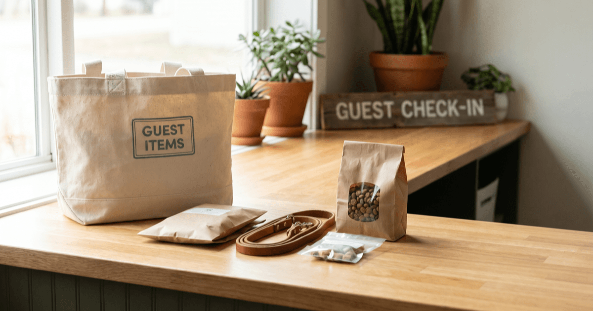 A tidy boarding-facility check-in counter with a labeled fabric tote, a folded paper packet, a coiled leash, a small ziplock pouch, and a small bag of kibble.
