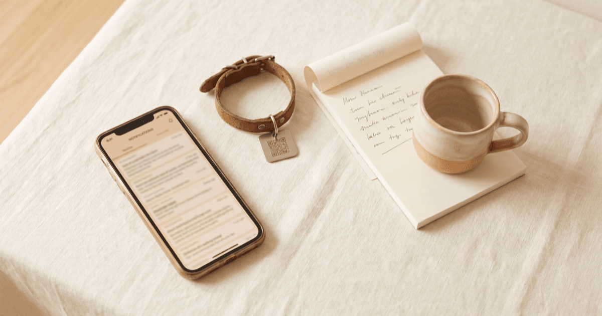 A flat-lay on warm cream linen of a smartphone with a notifications inbox screen, a leather pet collar, a folded paper notepad, and a small ceramic mug.