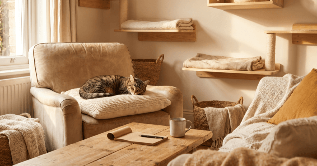 A calm tabby cat resting on a soft cream cushion in a sunlit living room with a folded paper notepad and a pen on a low wooden table, the room arranged in a notably cat-friendly way.