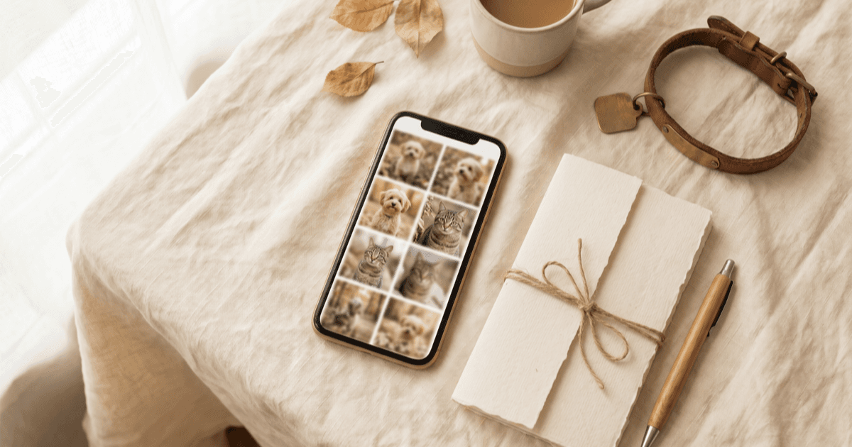 A flat-lay on warm cream linen of a smartphone showing a soft-focus photo gallery of a small dog and a tabby cat, a folded paper notepad, a pen, and a small leather collar with a blank tag.