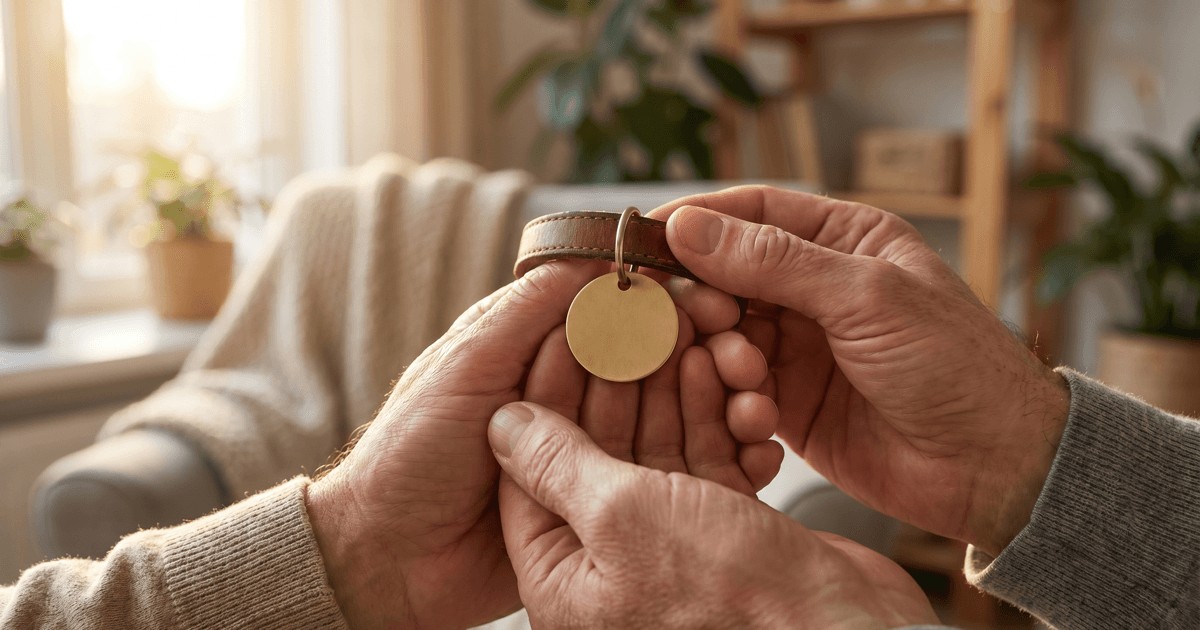 Two hands gently cradling a small round metal pet ID tag in warm late-afternoon light.