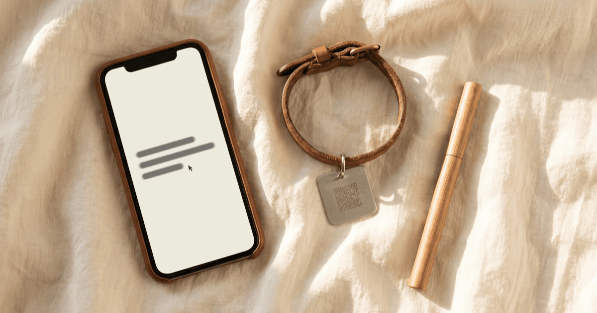 A flat-lay on warm cream linen of a smartphone showing a calm minimal text-input screen with short illegible lines, beside a small leather collar with a blank QR-style tag and a pen.