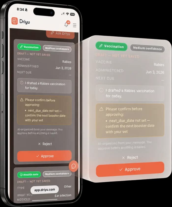Driyu Ask Driyu Pro Beta screen on a phone showing an AI-proposed draft marked Draft, not yet saved, with Reject and Approve buttons, so nothing lands in your records until you approve it.