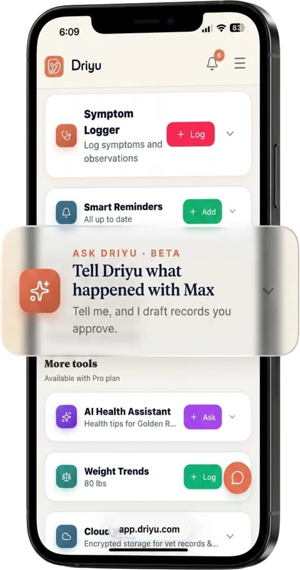 Driyu home screen on a phone with a "Tell Driyu what happened" card floated above the Symptom Logger, Smart Reminders, AI Health Assistant, Weight Trends and Cloud Vault tiles.