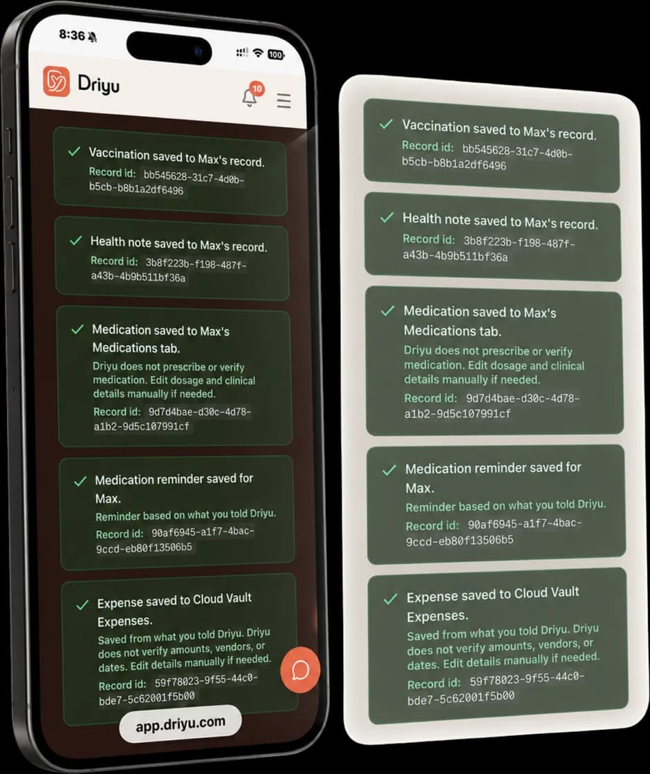 A confirmation screen on a phone showing items filed after approval — a vaccination, a health note, a medication, a reminder and an expense — each with a record id and reminders that Driyu does not verify medical or financial details.