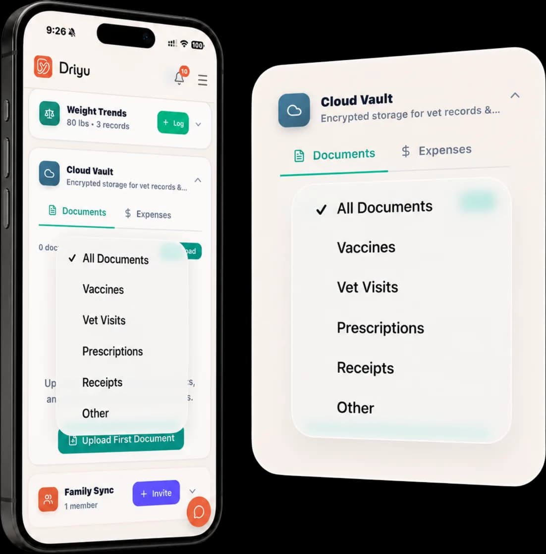 Cloud Vault Documents tab on a phone with a category menu open — All Documents, Vaccines, Vet Visits, Prescriptions, Receipts, Other.
