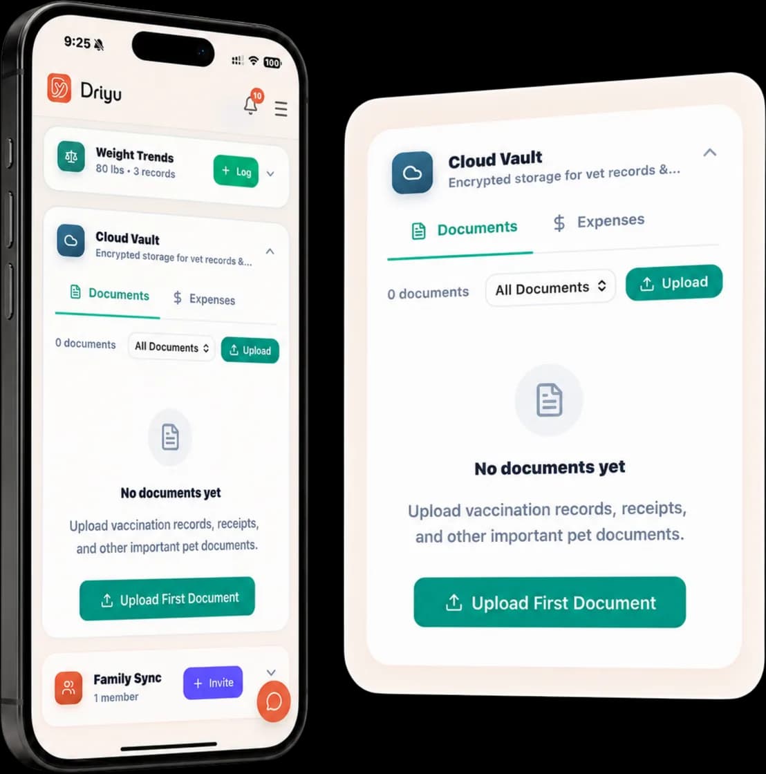 Driyu Cloud Vault on a phone showing a Documents tab with an empty state inviting you to upload vaccination records, receipts, and other important pet documents, plus an Upload Document button. Sample screen shown.