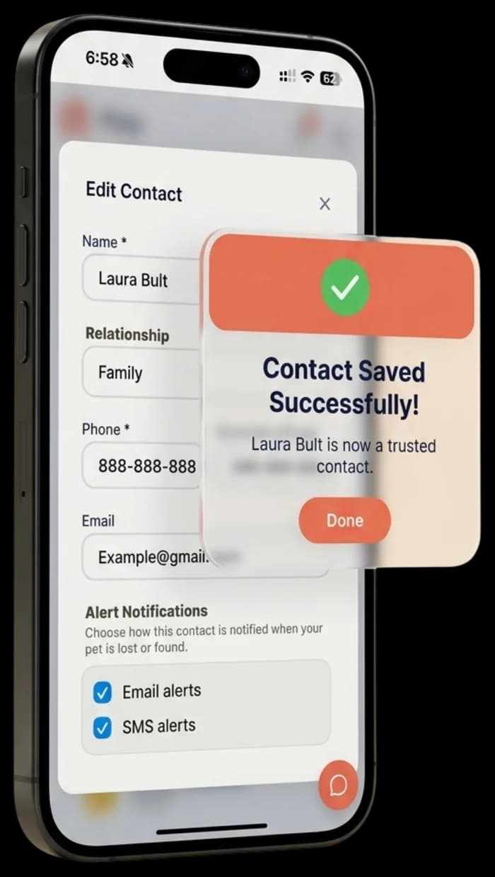 Driyu app on a phone, shown at an angle, with a Contact Saved Successfully confirmation after adding an emergency contact.