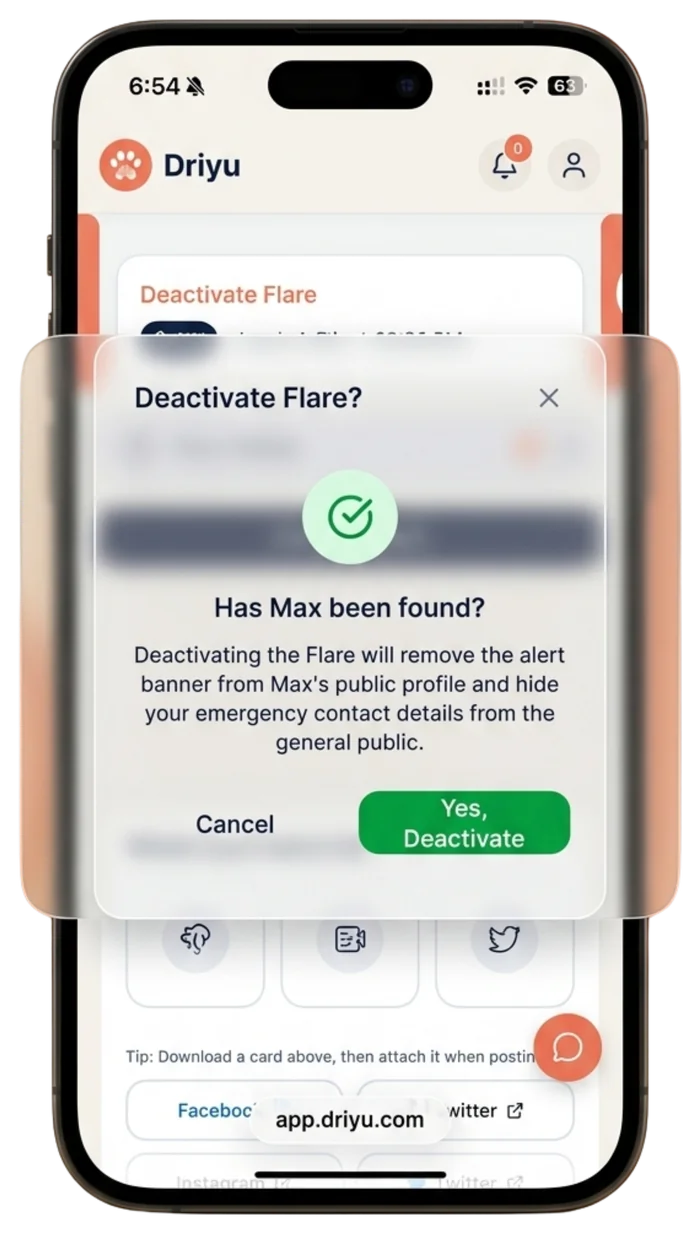 Driyu lost mode screen on a phone showing a confirmation step to deactivate the recovery flare once a pet is back home.