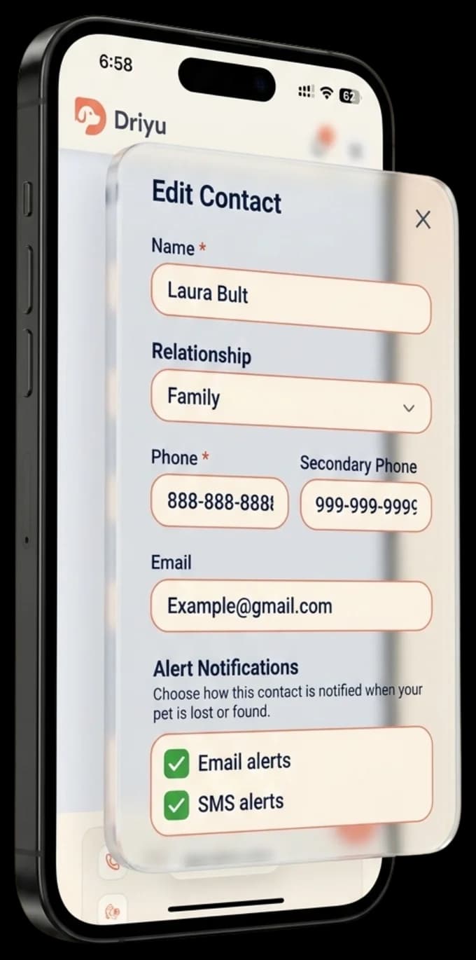 Driyu Edit Contact form on a phone with sample fields for an emergency contact name, phone, and email, controlled by the owner.