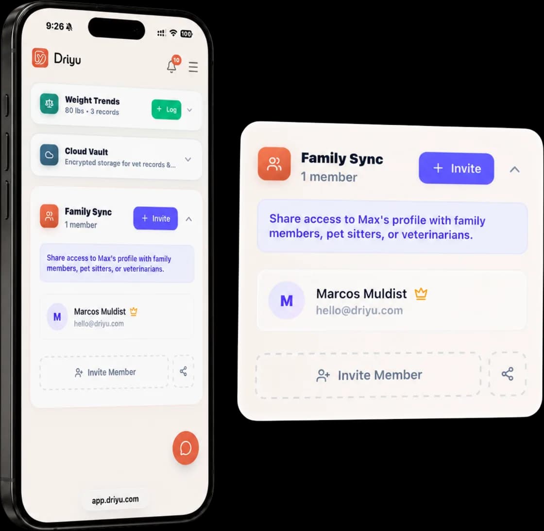 Driyu Family Sync on a phone showing a card to share access to a pet profile with family members, pet sitters, or veterinarians, with a member listed and an Invite Member button. Sample screen shown.
