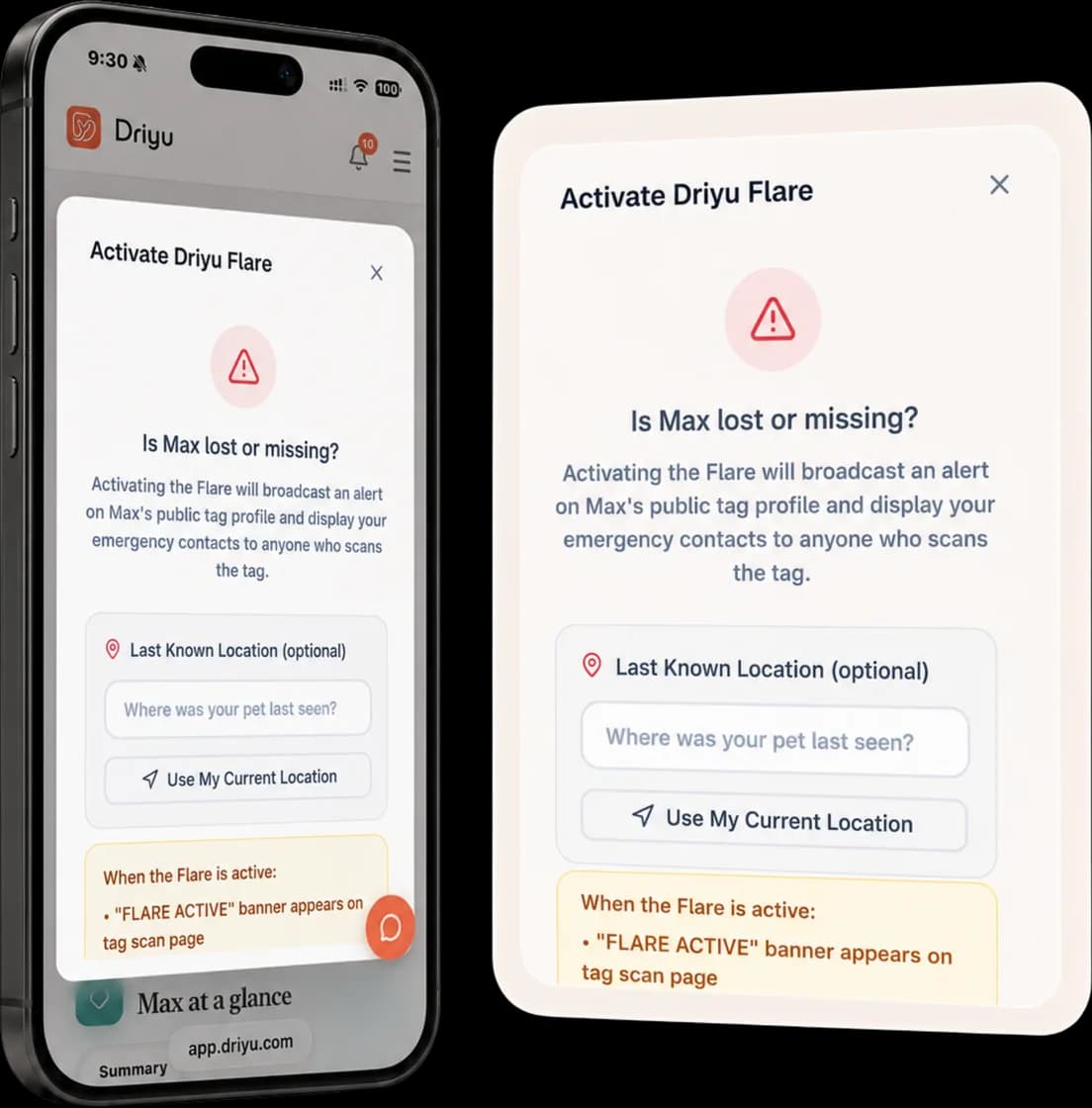 The Activate Driyu Flare screen on a phone asking if the pet is lost or missing, explaining that activating broadcasts an alert on the pet public tag profile and shows the emergency contacts you chose.