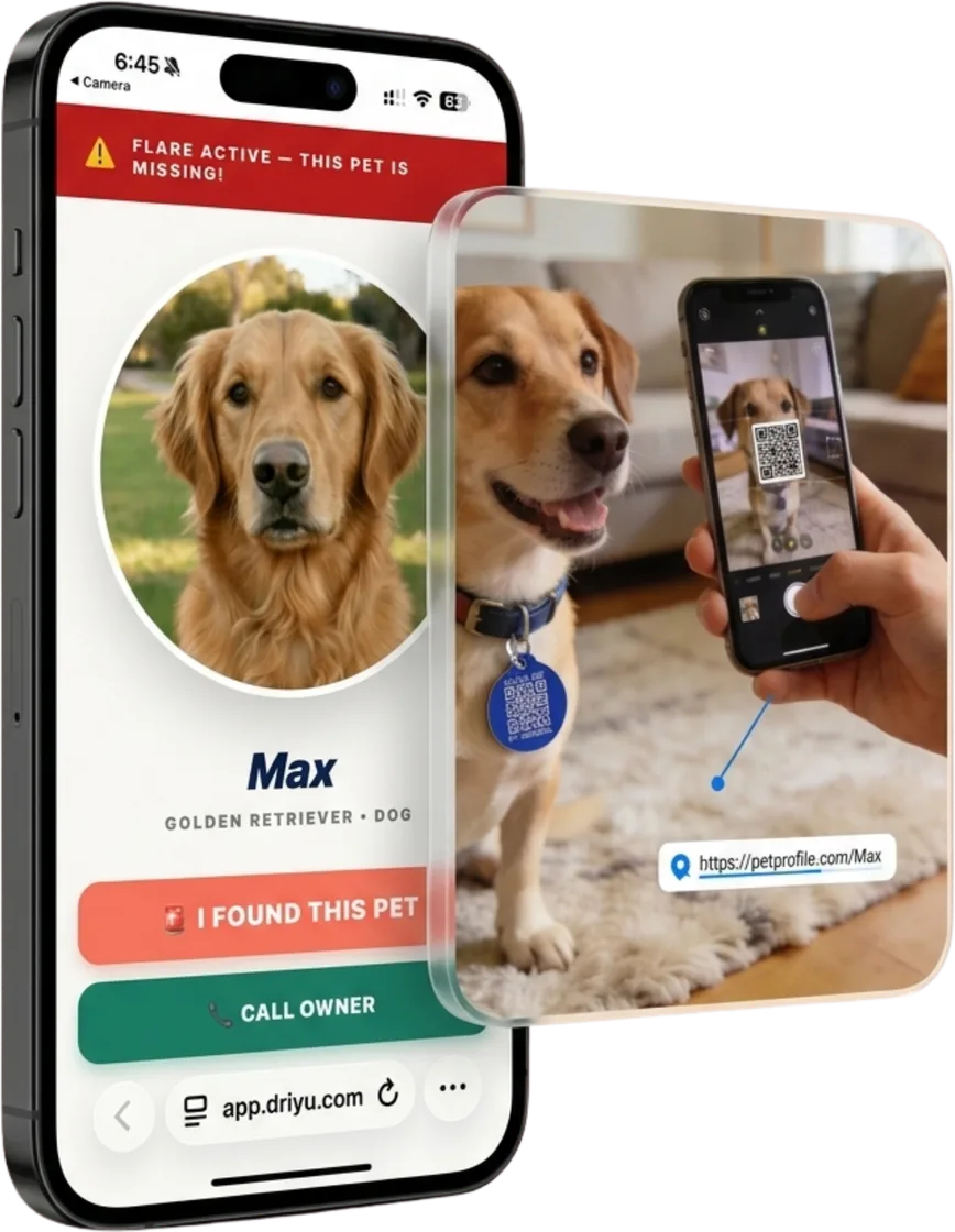 Driyu lost-mode finder screen for a Golden Retriever named Max — a recovery banner shows the pet is missing, with actions to confirm the find and call the owner, beside a finder scanning the tag.