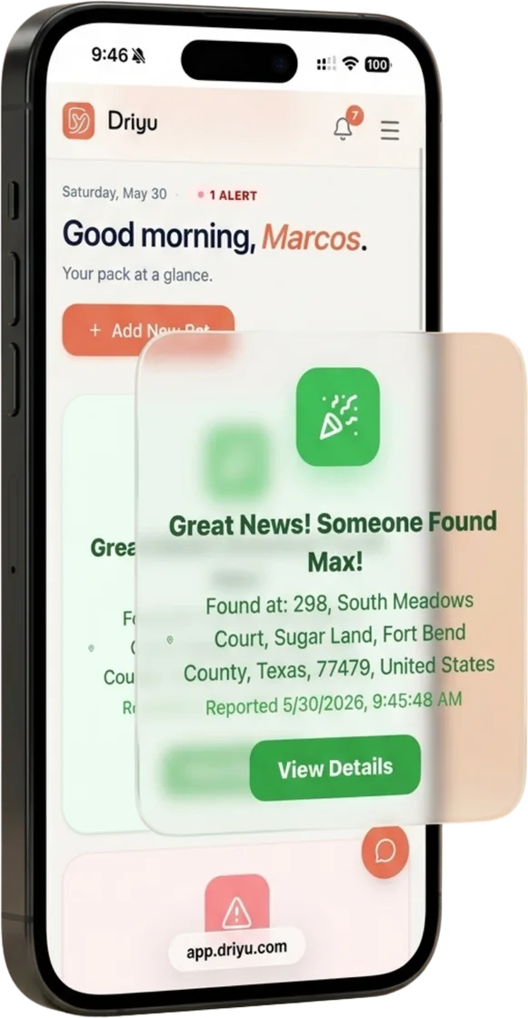 A Great news, someone found your pet alert on a phone showing the location the finder entered, with no map and no GPS tracking.
